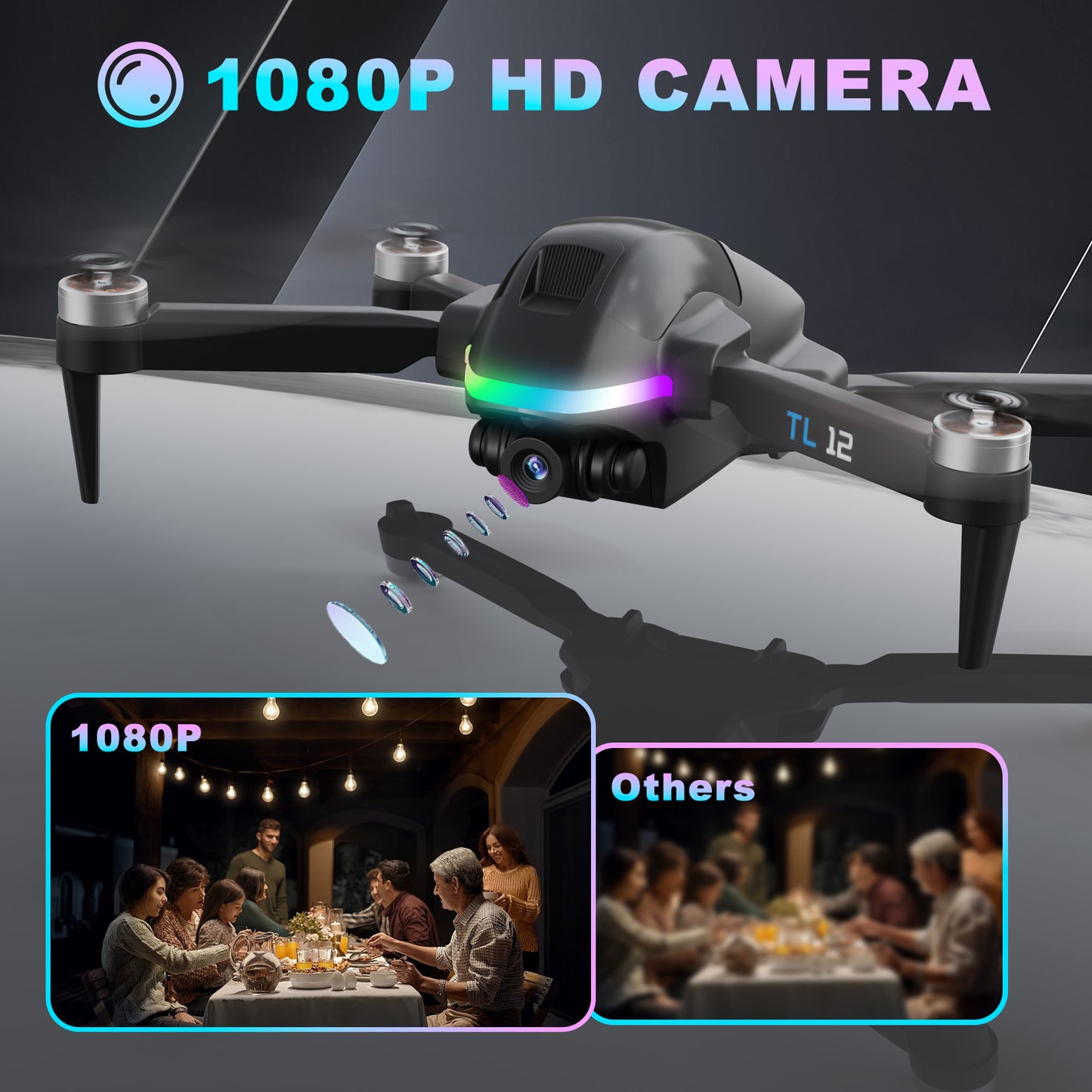 Tolatoyus TL12 RGB Drone: 1080P Camera, Brushless Motors, 3D Flips, FPV & Optical Flow – RC Quadcopters for Beginners