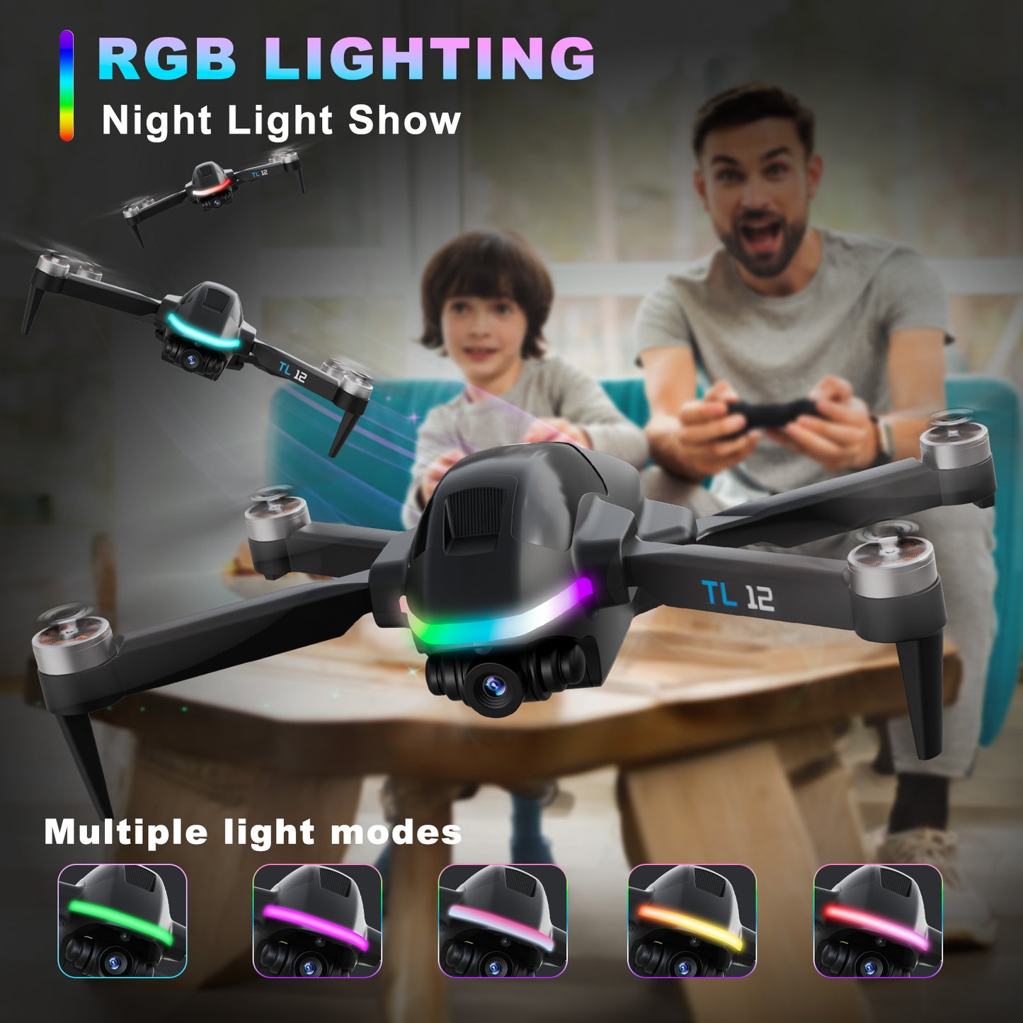Tolatoyus TL12 RGB Drone: 1080P Camera, Brushless Motors, 3D Flips, FPV & Optical Flow – RC Quadcopters for Beginners