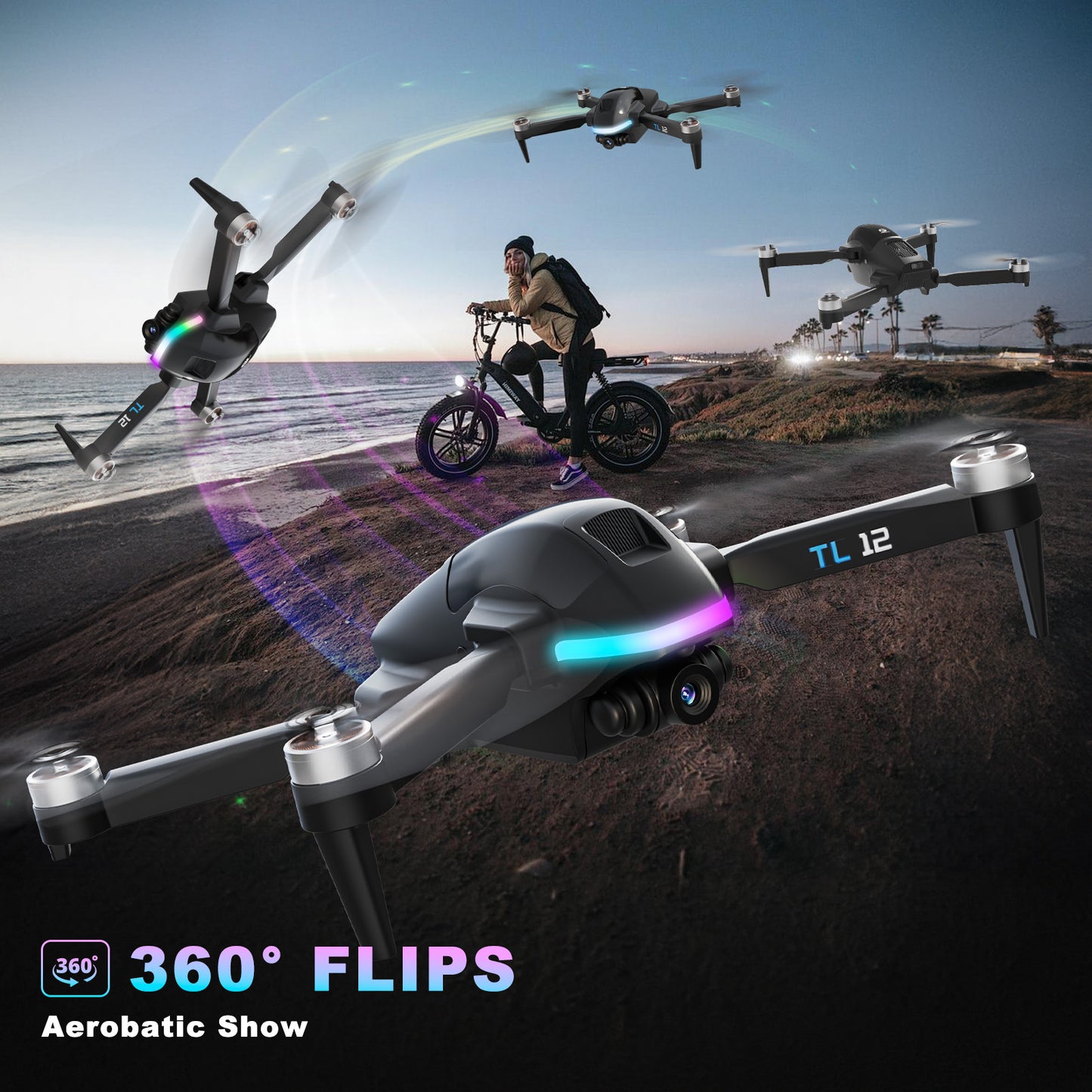 Tolatoyus TL12 RGB Drone: 1080P Camera, Brushless Motors, 3D Flips, FPV & Optical Flow – RC Quadcopters for Beginners