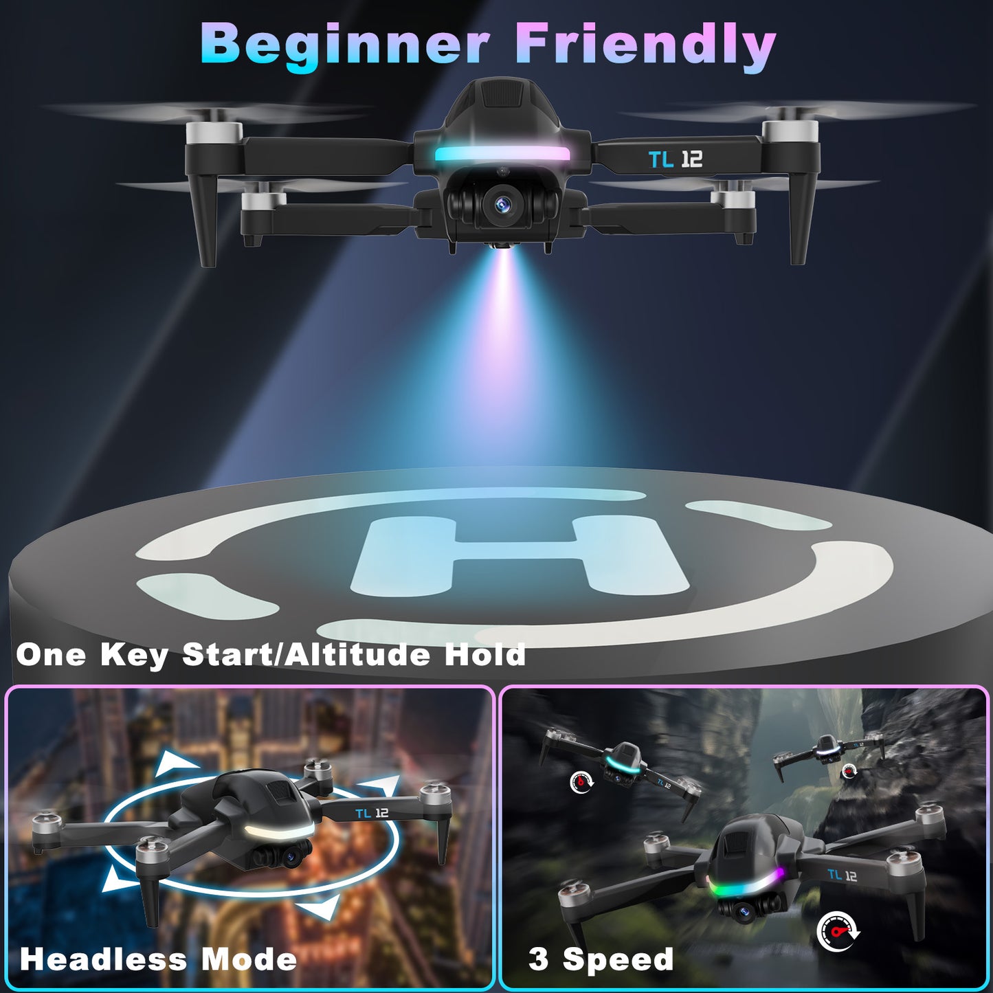 Tolatoyus TL12 RGB Drone: 1080P Camera, Brushless Motors, 3D Flips, FPV & Optical Flow – RC Quadcopters for Beginners