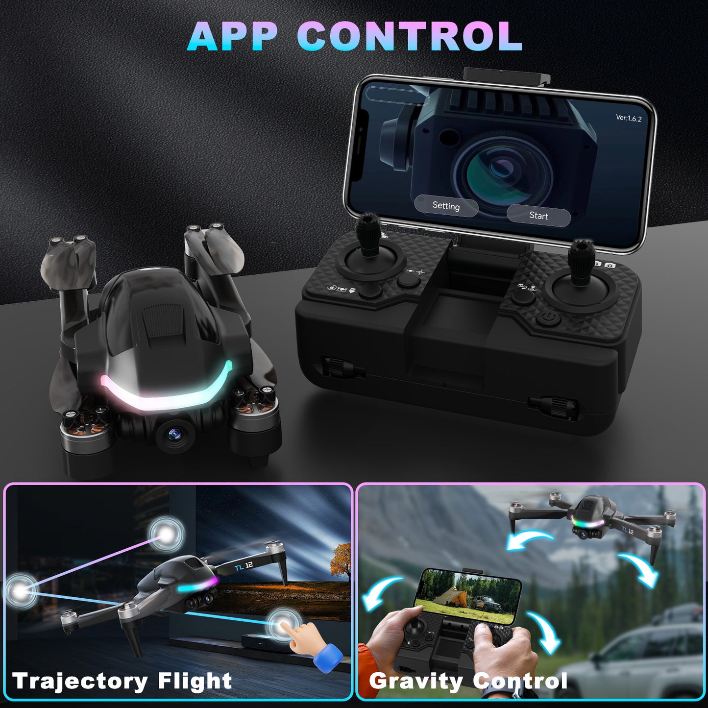 Tolatoyus TL12 RGB Drone: 1080P Camera, Brushless Motors, 3D Flips, FPV & Optical Flow – RC Quadcopters for Beginners