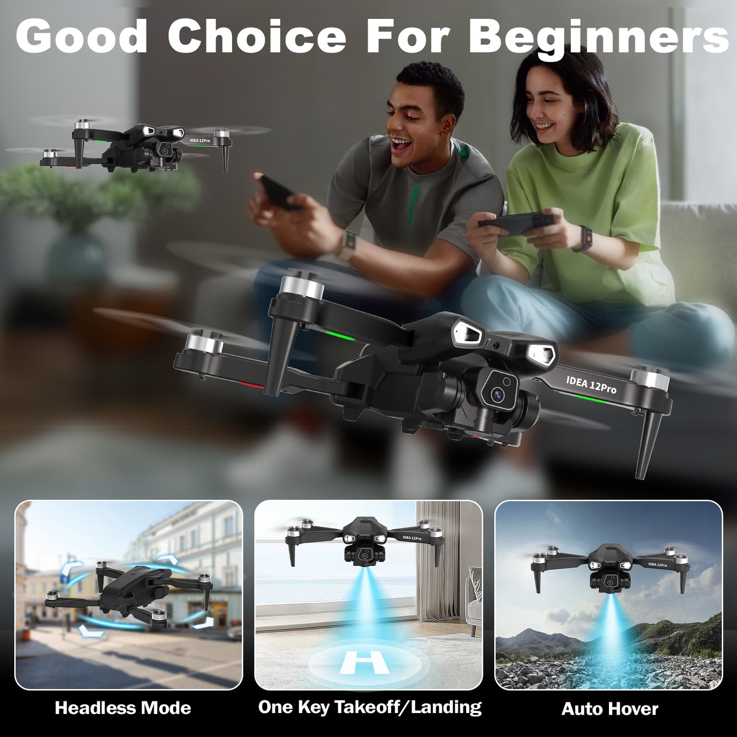 IDEA12 Pro Brushless Drone: 1080P Adjustable Camera, 40km/h Speed, Optical Flow & 5G WiFi FPV – RC Quadcopter for Adults & Beginners (2 Batteries)