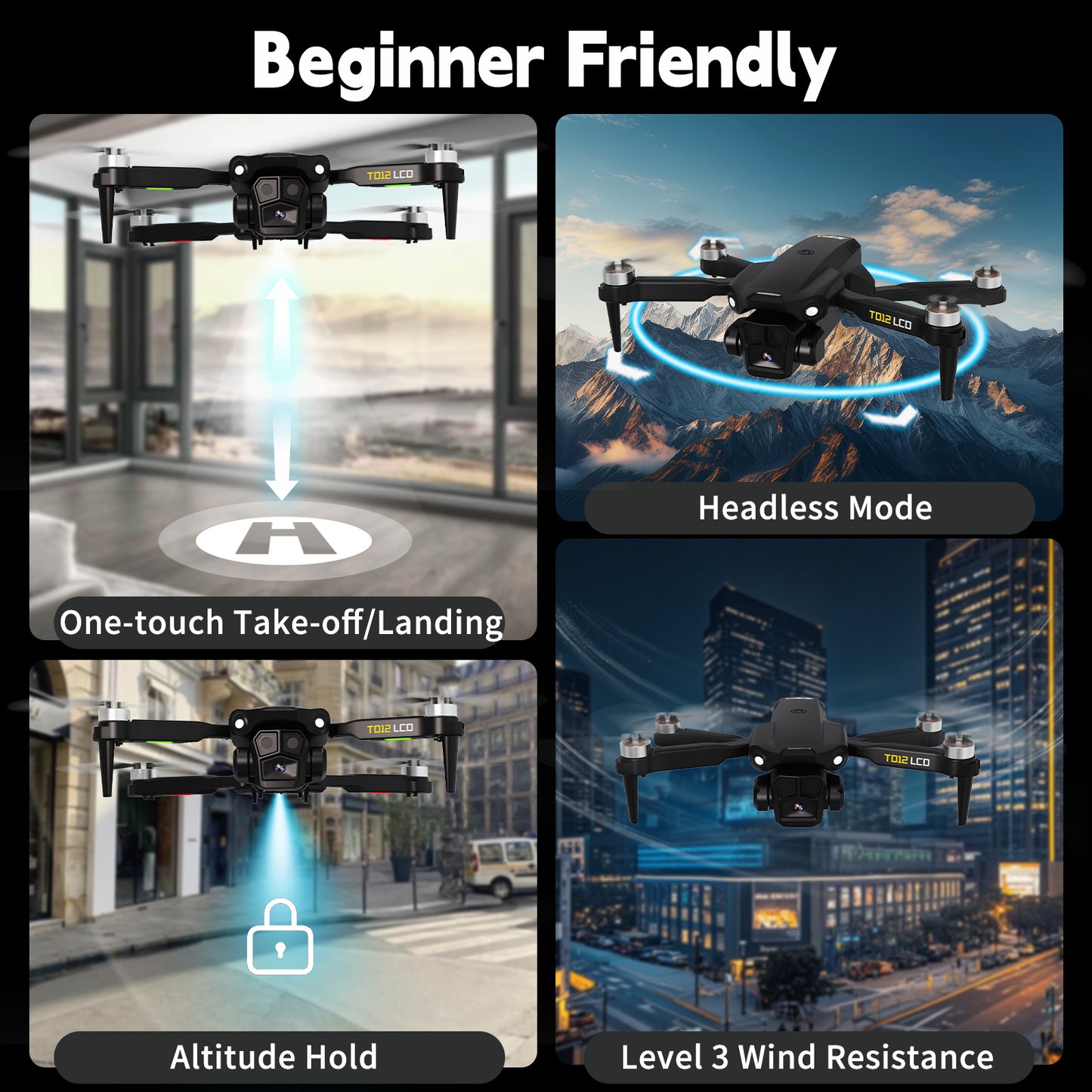Toladrone TD12LCD RC Quadcopter – FPV Drone with LCD Controller, Brushless Motors, Optical Flow Positioning, Foldable Design for Adults and Kids