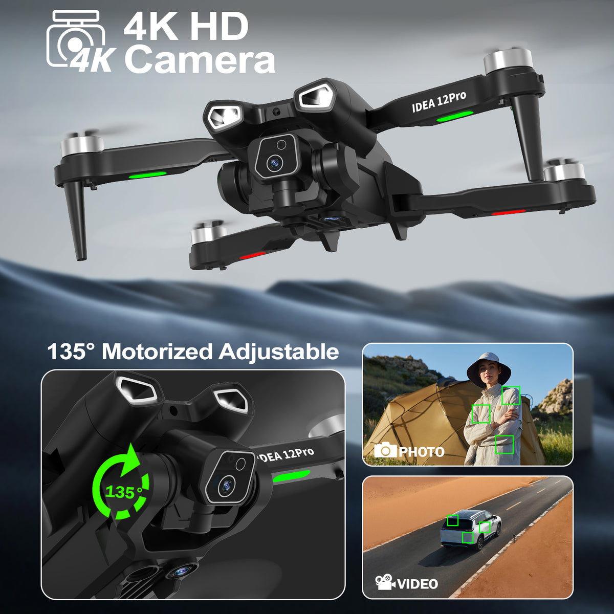IDEA16 Drone avec Caméra Réglable 4K, 5GHz WiFi FPV Pliable Drone Radiocommandés avec 2 Caméras IDEA16 Drone avec Caméra Réglable 4K, 5GHz WiFi FPV Pliable Drone Radiocommandés avec 2 Caméras