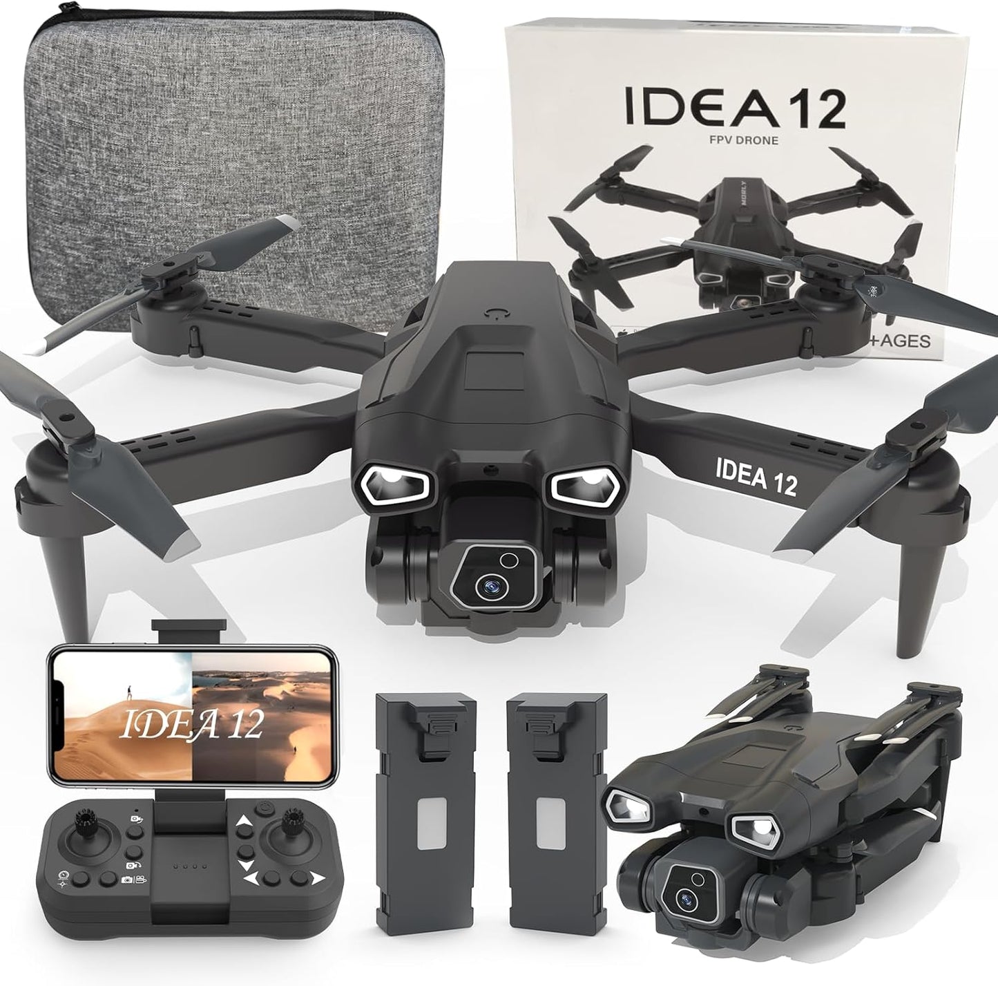 IDEA12 Mini Drone with 1080P HD Adjustable Camera for Kids & Beginners – Foldable RC Quadcopter with 2 Batteries, Carrying Case, WiFi FPV, One-Key Start, Altitude Hold, Gift for Boys & Girls
